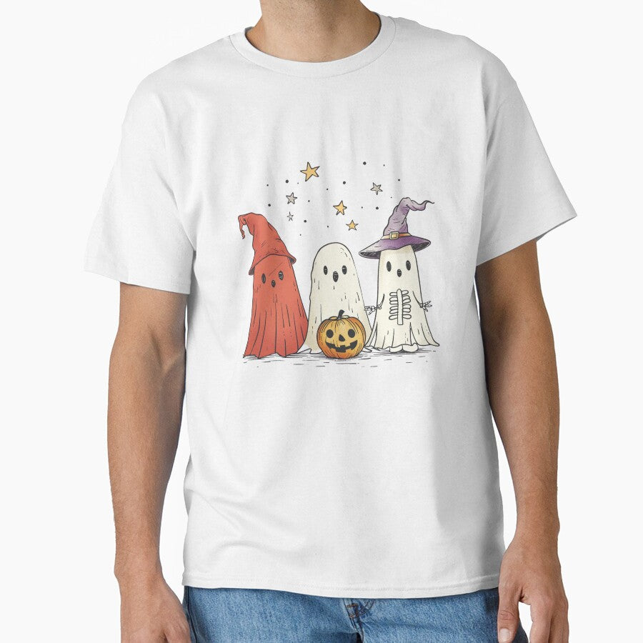 Cute Halloween Ghost Trio – Spooky Friends with Pumpkin and Stars Illustration by EchoofElijah T-Shirts,... (Image 1)