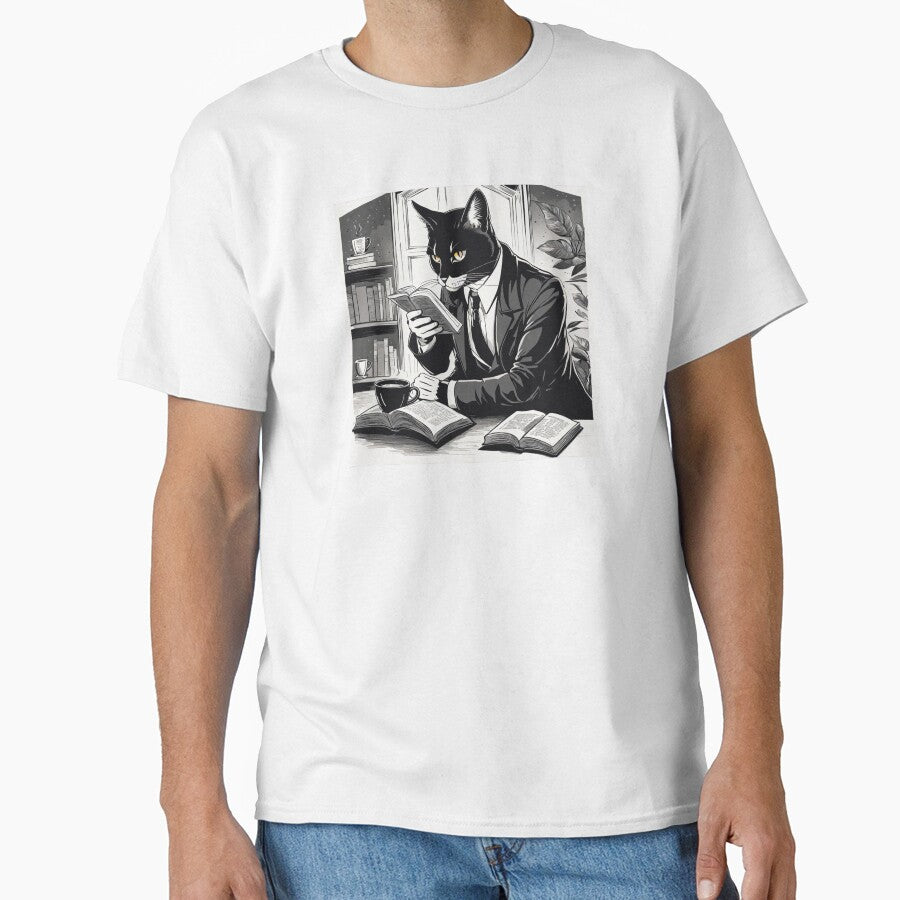Detective cat in a black suit sipping coffee while reading a book by othmanebhl T-Shirts, Hoodie, Sweatshirt (Image 1)
