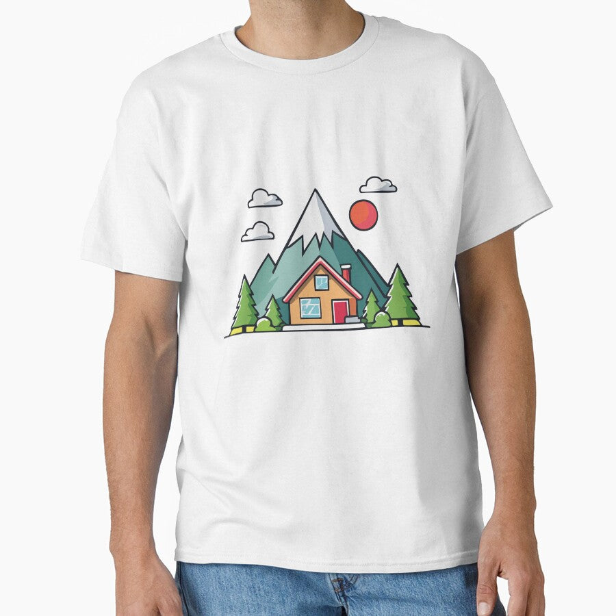 Little mountain house with clouds, sun and trees in the mountain by Eva-Designs- T-Shirts, Hoodie, Sweatshirt (Image 1)