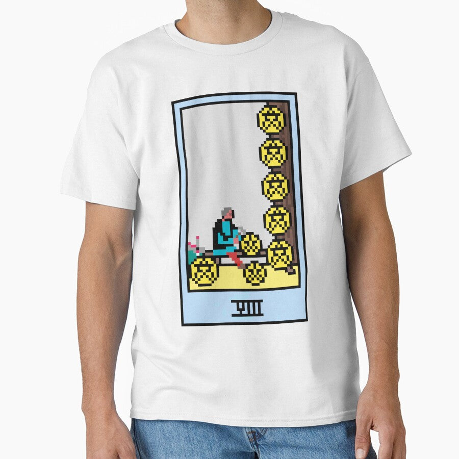 Wait Is This Pixel Art Tarot? Yellow Minor Arcana 'Eight Pentacles' ( Stickers Other Accessories) T-Shirts, Hoodie, Sweatshirt