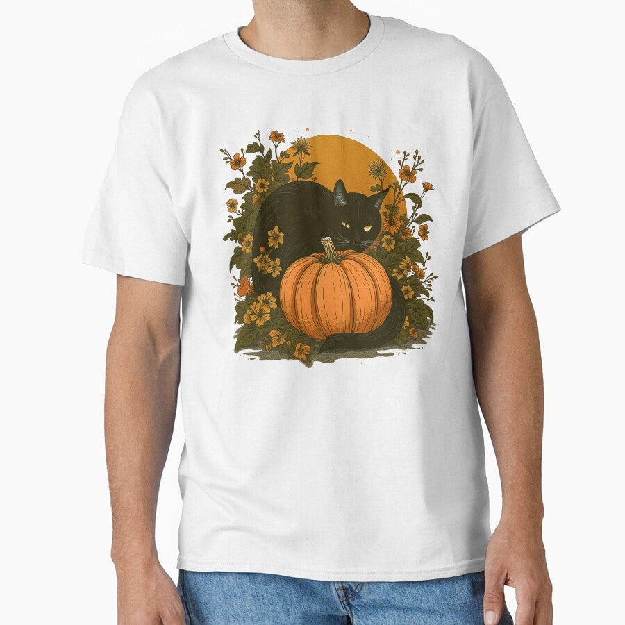 Black Cat and Pumpkin Lurking in the Grass of Hagi (Japanese Bush Clover) - Halloween T-shirt, tee, t-shirt, hoodie, sweatshirt, long sleeve by Inklivion