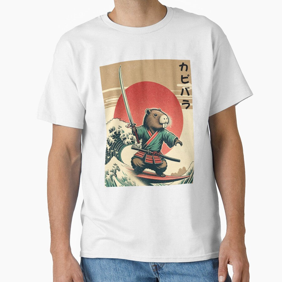 Capybara Surfing a Great Wave Japanese Retro Art by HearMeRoarDesignsCo T-Shirts, Hoodie, Sweatshirt (Image 1)