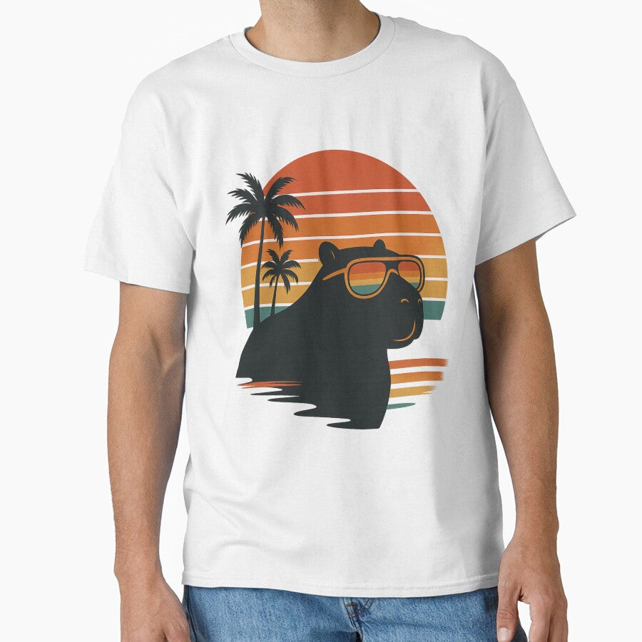 Cool Capybara in Shades – Retro Sunset Beach Capybara Art by coolcoredesigns_ T-Shirts, Hoodie, Sweatshirt (Image 1)