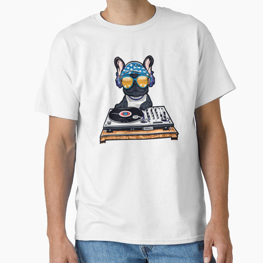 French Bulldog DJ wearing sunglasses - Cool Frenchie Music Dog Design by Vividality T-Shirts, Hoodie, Sweatshirt (Image 1)