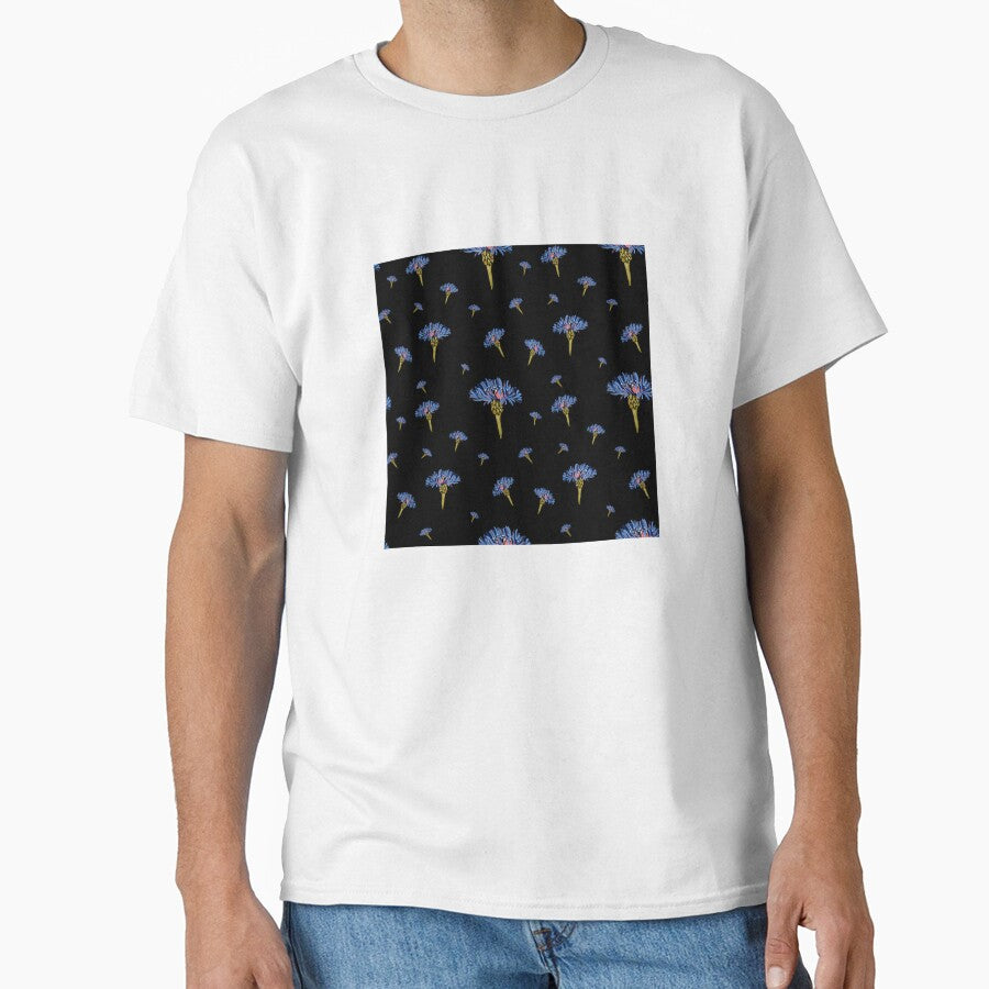 Flower blue violet pattern hand drawn watercolor black by Yana Mustafina | Boho Soulful Designs T-Shirts,... (Image 1)