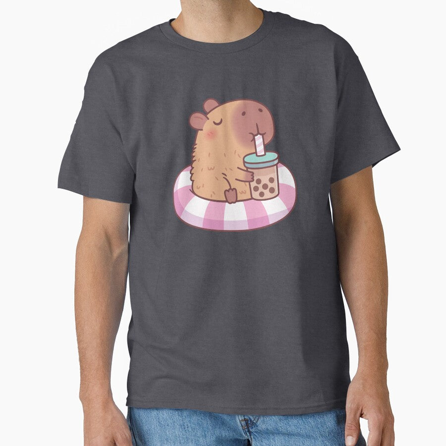 Cute Capybara On Pool Float Drinking Bubble Tea by rustydoodle