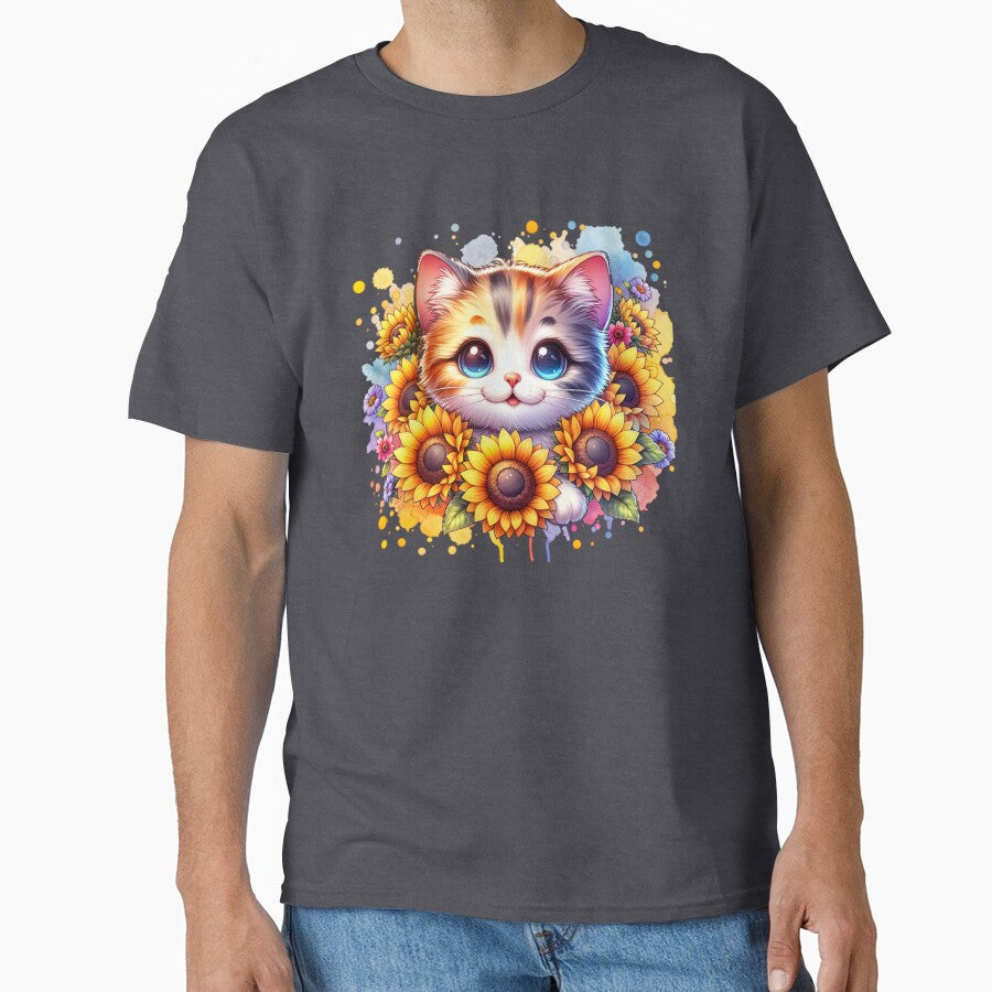 Cute Cat with sunflowers and bees kawaii Floral Watercolor by myrll T-Shirts, Hoodie, Sweatshirt | BlankRebels.com (Image 1)