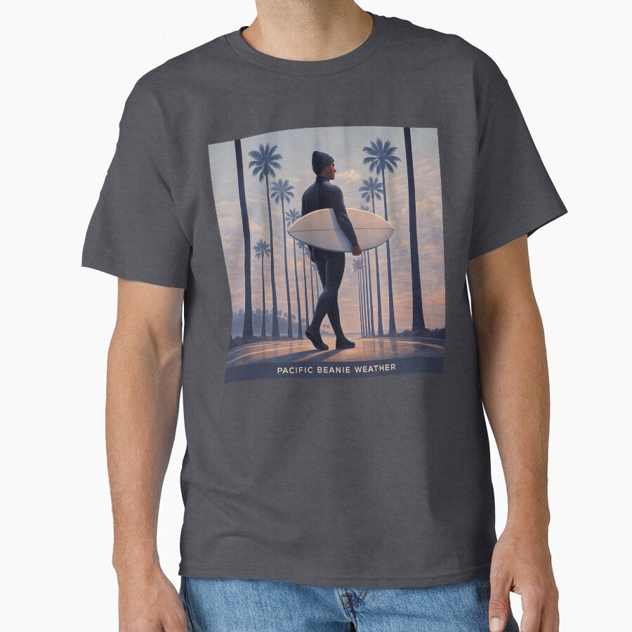 Pacific Beanie Weather Surfer Under Palms California Art by POD DYNASTY T-Shirts, Hoodie, Sweatshirt (Image 1)