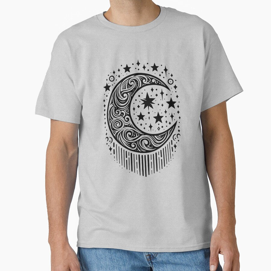 Crescent Moon and Stars Tribal Graphic Tattoo Style Black Lines by twilightmagic T-Shirts, Hoodie, Sweatshirt (Image 1)