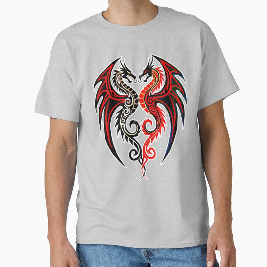 Tribal Twin Dragons – Black & Red Symmetric Heart Art by VikArtStudio T-Shirts, Hoodie, Sweatshirt (Image 1)