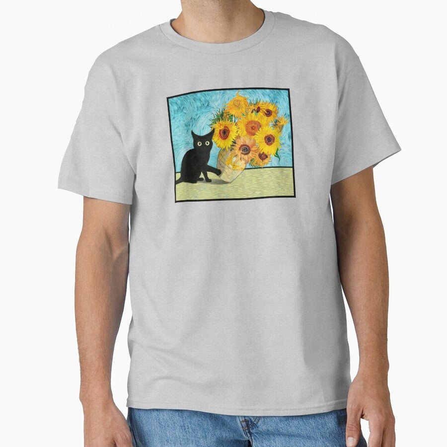 Black Cat Knocking Over Van Gogh Sunflowers Vase Funny Posters Mugs Tees Hoodies Stickers Pins Magnets Cat... (Image 1)