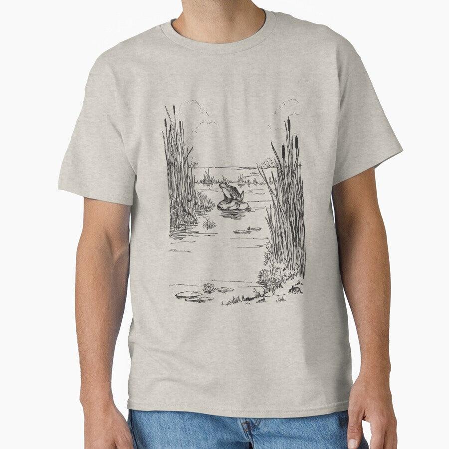 Cute Vintage Cottagecore Aesthetic Frog Sitting by the Pond Thinking, Emo Depressed Frogge by Lake by... (Image 1)