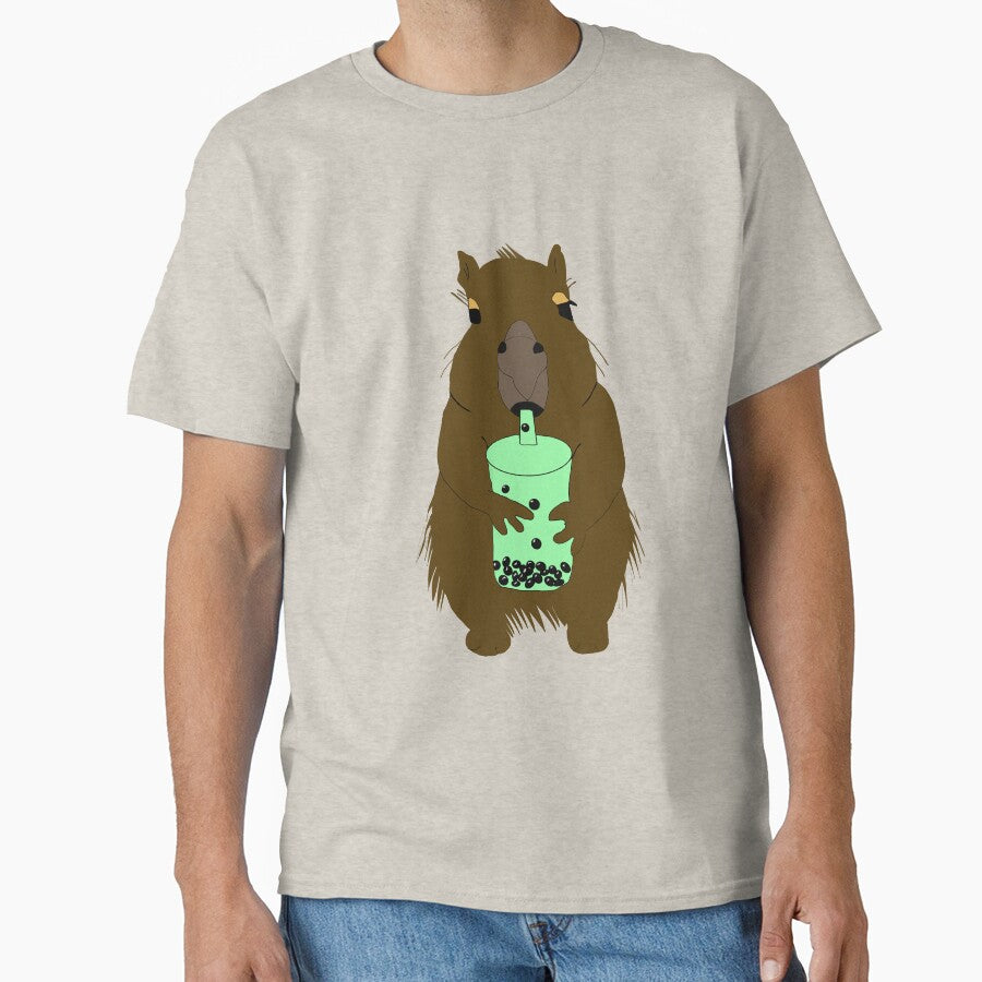 Cute Capybara Drinking Matcha Bubble Tea Illustration by Najomiartstudio T-Shirts, Hoodie, Sweatshirt (Image 1)