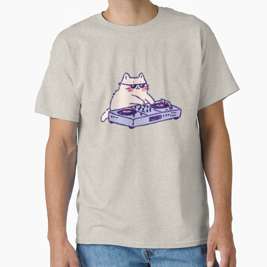 DJ Cat, playful pastel crayon illustration with turntables by Magnificent Lizard T-Shirts, Hoodie, Sweatshirt (Image 1)