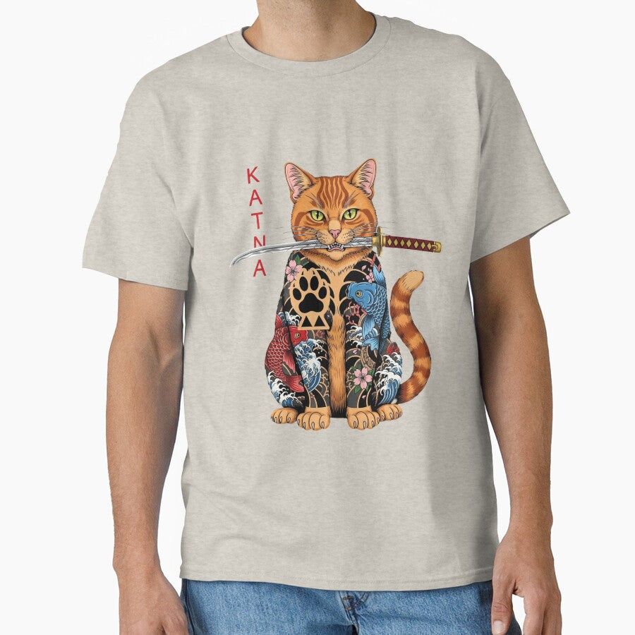 Katana Samurai Cat Tattoo Art – Japanese Koi & Wave Style, Fierce Warrior Cat Illustration by Golden Blaze... (Image 1)