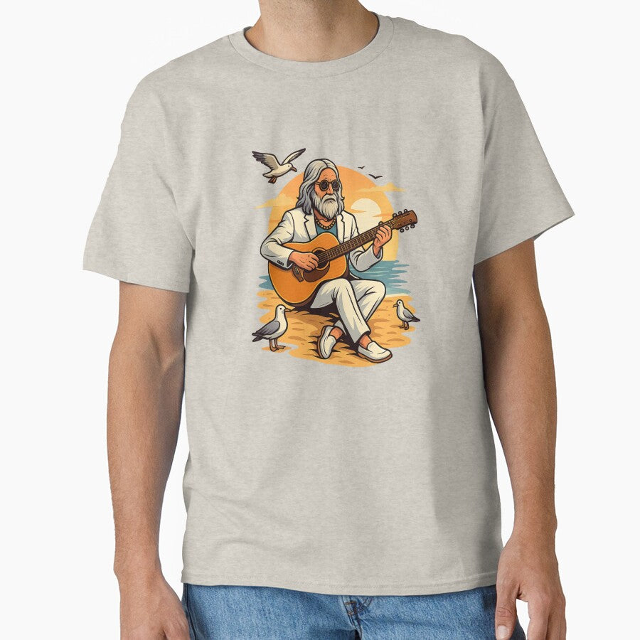 Elderly White Hippie Beach Guitarist – Chill Sunset Music Design by Lunaria Arts T-Shirts, Hoodie, Sweatshirt (Image 1)