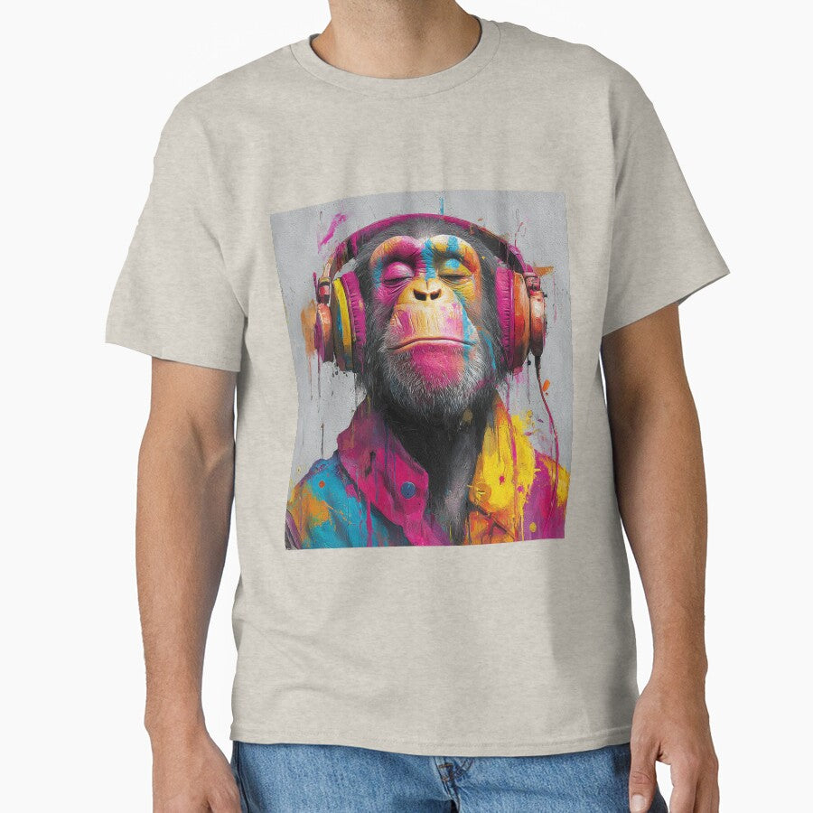 Dj Monkey Thinker Colorful Shiny Strokes With Headphones Art by GrinGalore T-Shirts, Hoodie, Sweatshirt (Image 1)