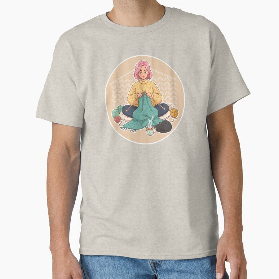 Cozy Knitting Girl with Yarn, Cat, and Tea – Relaxing Craft Illustration by C3J7 T-Shirts, Hoodie, Sweatshirt (Image 1)