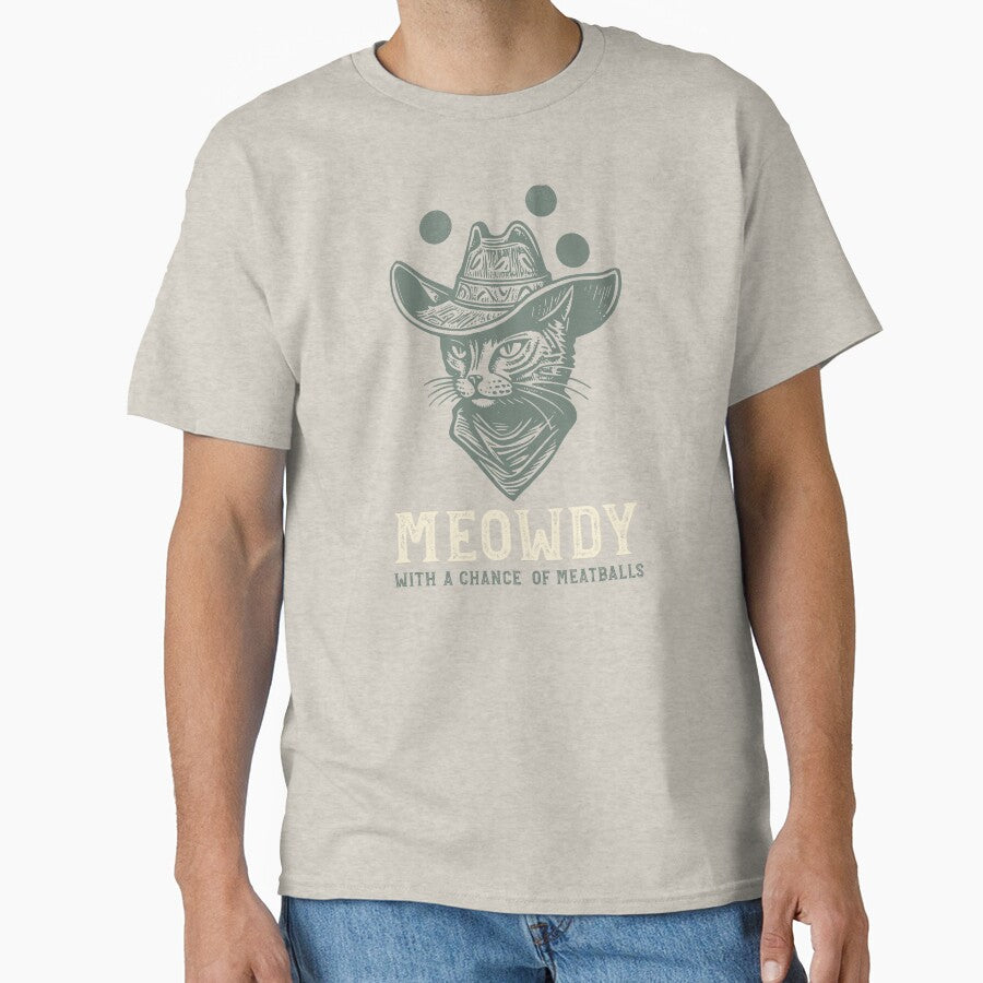 Funny Cowboy Cat Pun Meowdy with a Chance of Meatballs by whyitsme T-Shirts, Hoodie, Sweatshirt | BlankRebels.com (Image 1)