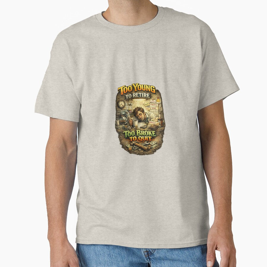 Too Young to Retire Too Broke to Quit – Exhausted Worker Edition by MushArtist T-Shirts, Hoodie, Sweatshirt (Image 1)