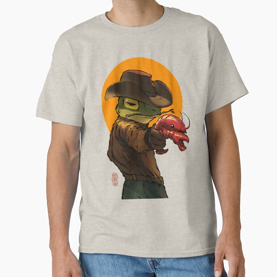 gunslinger cowboy western frog with pistol shrimp crawdad artwork drawing by DingHuArt T-Shirts, Hoodie, Sweatshirt (Image 1)