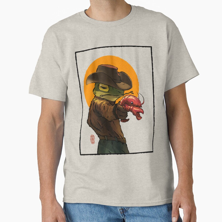gunslinger cowboy western frog with pistol shrimp crawdad artwork drawing with frame by DingHuArt T-Shirts,... (Image 1)