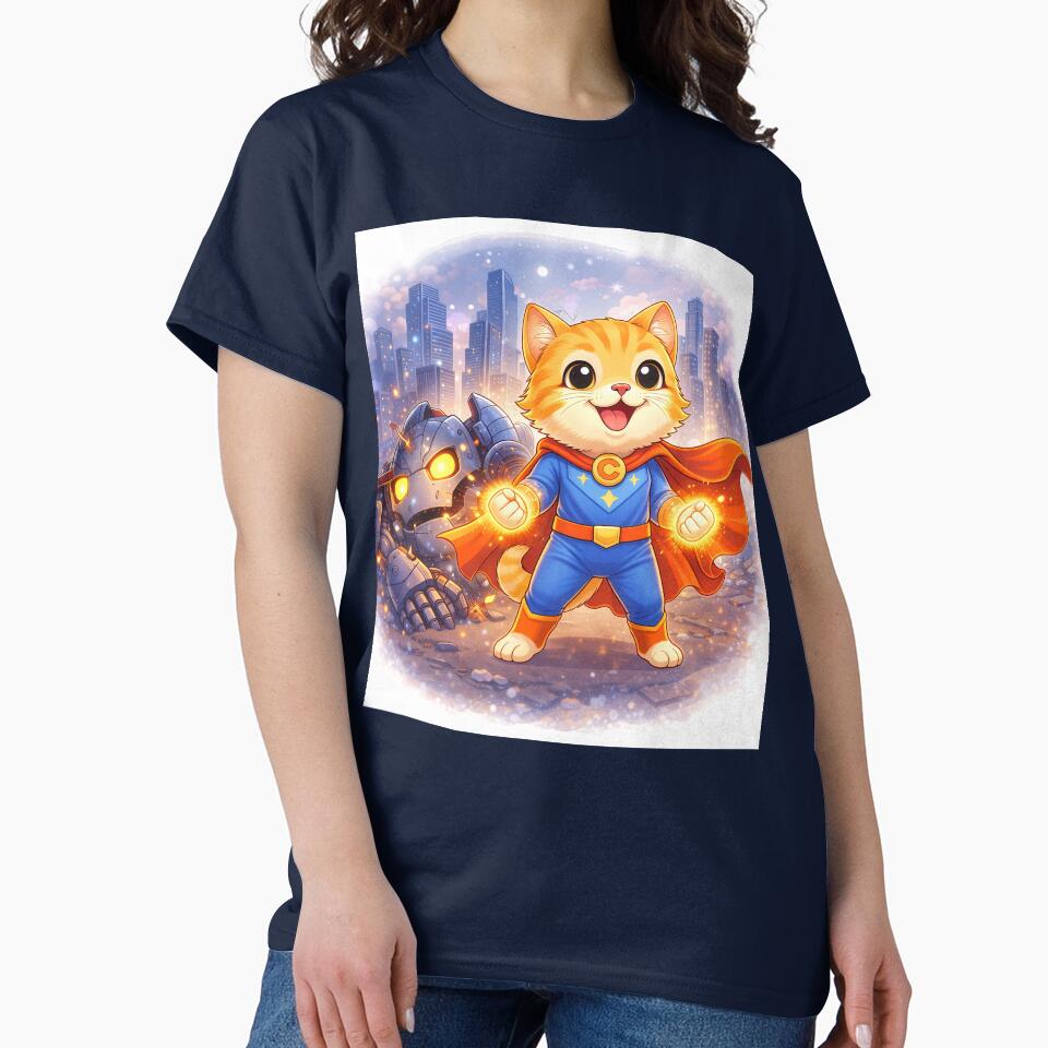 Superhero Cat Defeating Robot Villain – Cute Hero Cat Saving the City | Kawaii Comic Art by Furfolkz