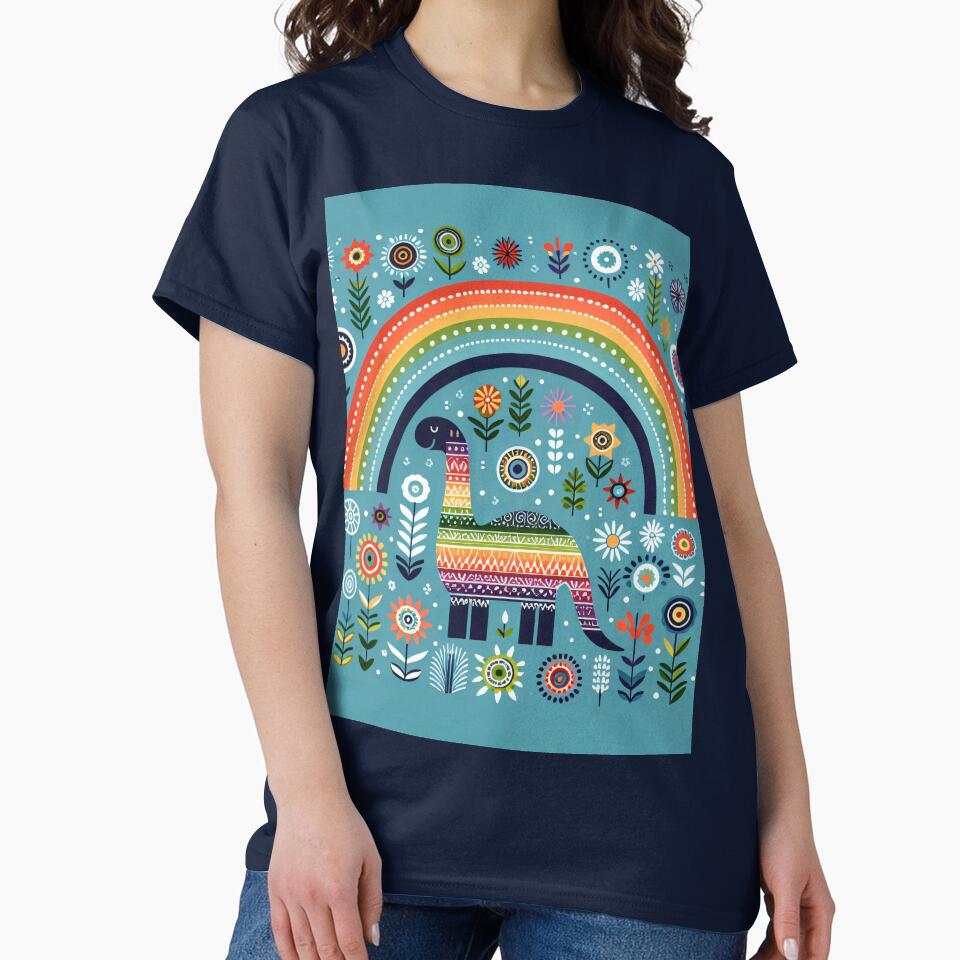 Cute Diplodocus Dinosaur with Rainbow and Flowers - Scandinavian Folk Art by heidiannemorris © by FOLK ART... (Image 2)