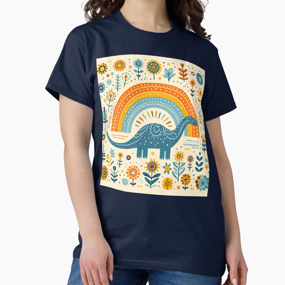Cute Brontosaurus Dinosaur with Rainbow and Flowers - Scandinavian Folk Art by heidiannemorris © by FOLK ART... (Image 2)