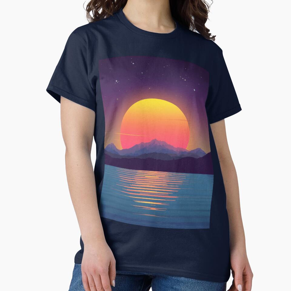 Retro Synthwave Sunset – Neon Mountain Landscape in 80s Vaporwave Style by Visualynx T-Shirts, Hoodie, Sweatshirt (Image 2)