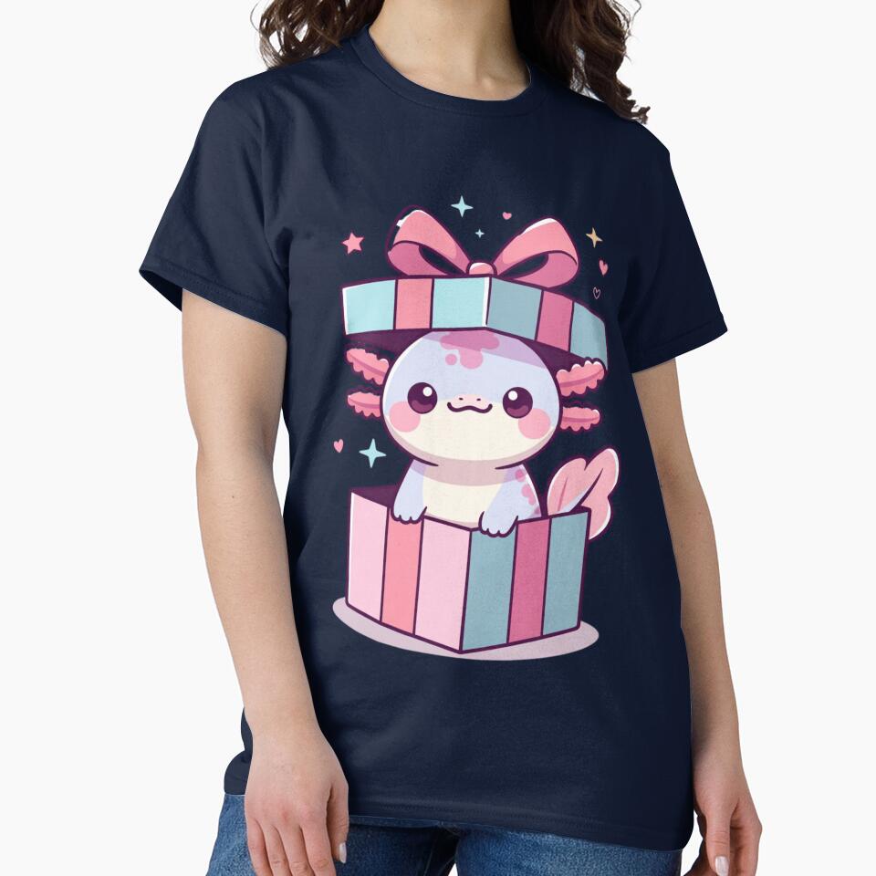 Cute Axolotl Popping Out of Bow Box Pastel Kawaii Character by GrumpySableye T-Shirts, Hoodie, Sweatshirt (Image 2)