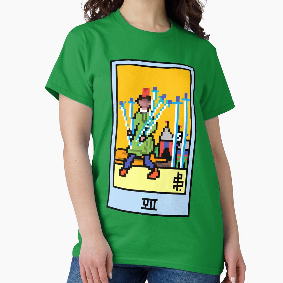 Wait, is this pixel art tarot? Green - Minor Arcana 'Seven of Swords' (Design for T-shirt, stickers and other... (Image 2)