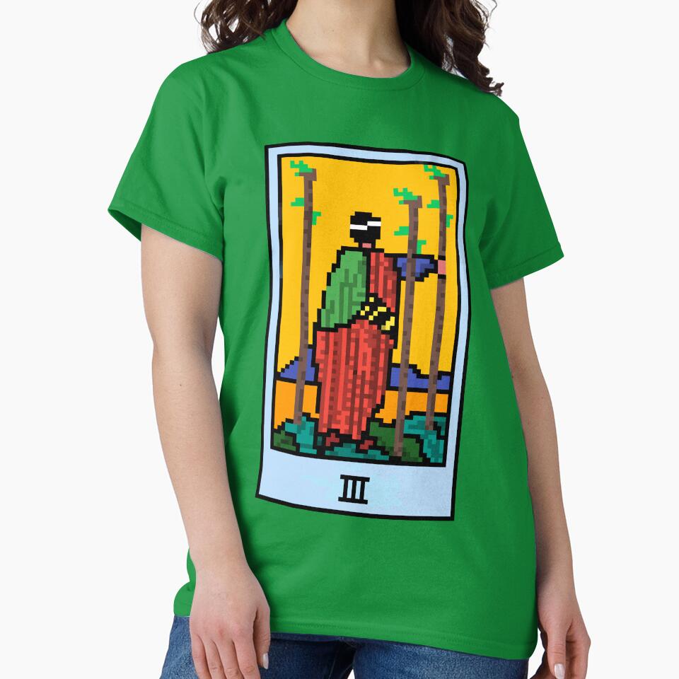 Wait, is this pixel art tarot? Green - Minor Arcana 'Three of Wands' (Design for T-shirt, stickers and other... (Image 2)