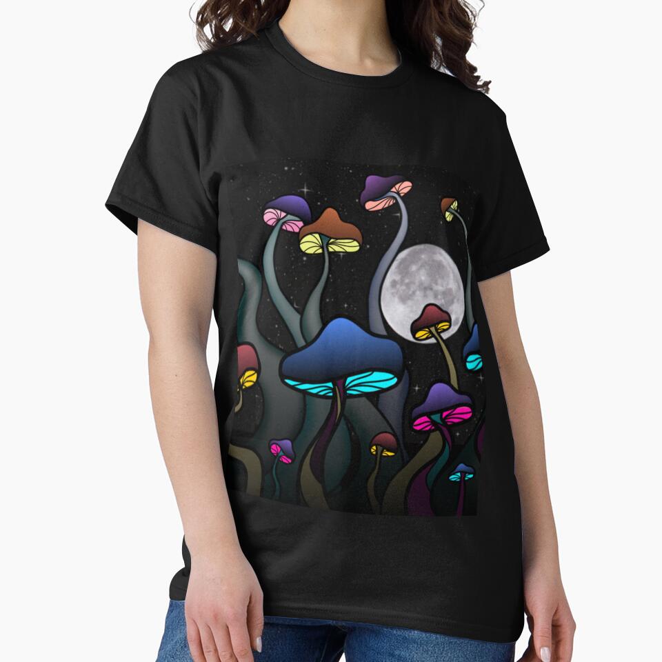 Colorful Dark Glowy Mushrooms - Version with Full Moon - Trippy Art by Lucidesigns T-Shirts, Hoodie, Sweatshirt (Image 2)