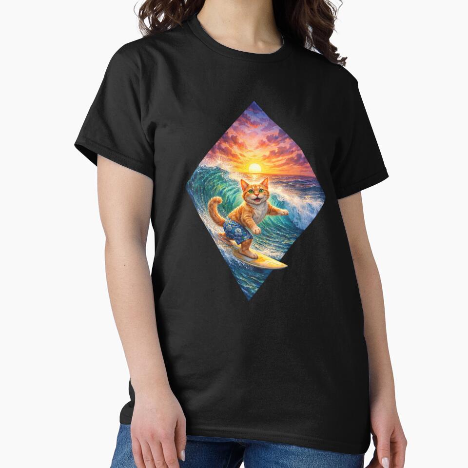 Cat Surfing Sunset Art by Planetporridge T-Shirts, Hoodie, Sweatshirt | BlankRebels.com (Image 2)