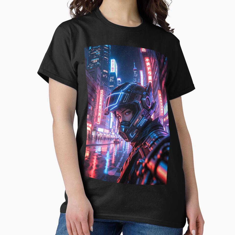 Cyberpunk Neon Female Enforcer – Futuristic Helmet in Rainy Japanese Megacity by RadaQueen T-Shirts, Hoodie,... (Image 2)