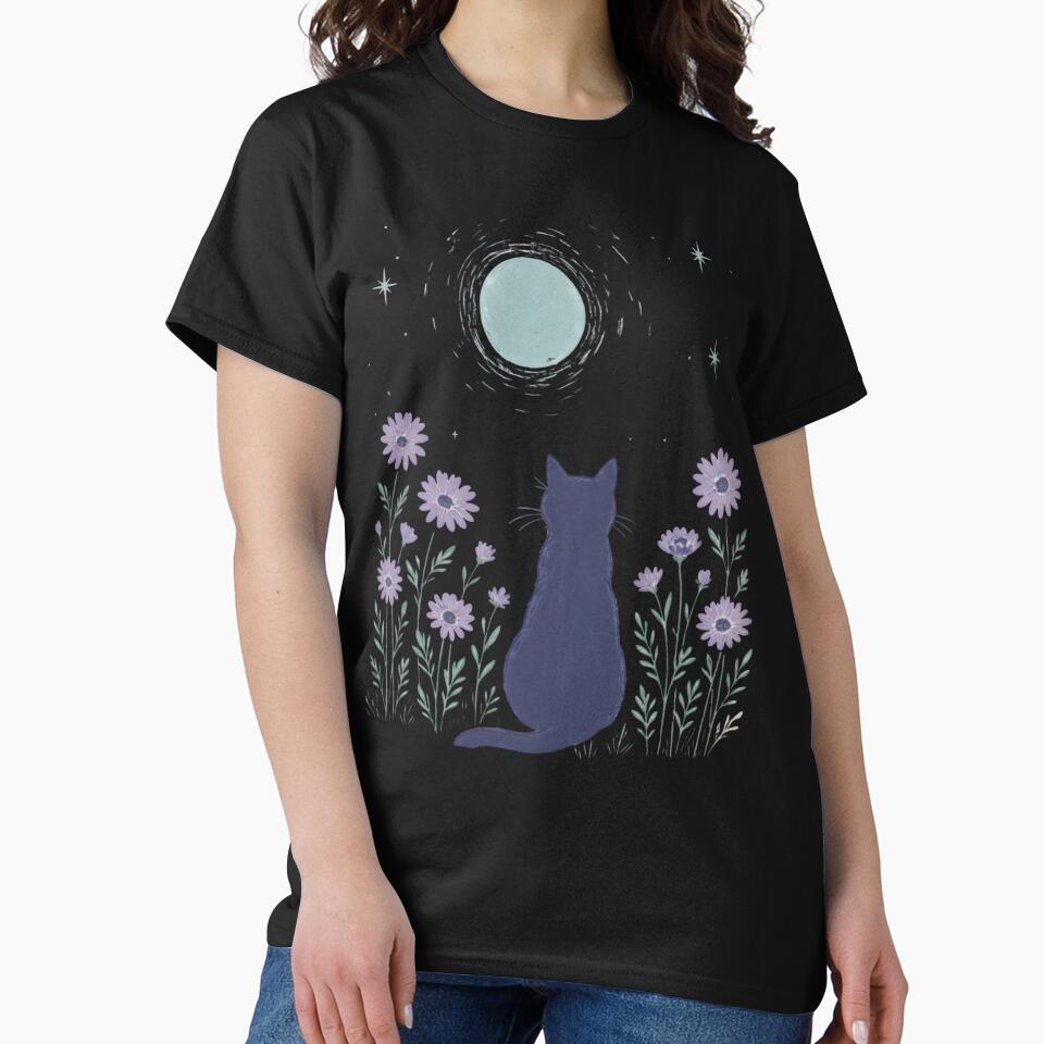 Cat Moon, Minimalist Cat Lover, Night Sky Floral, Aesthetic Nature Top, Gift for Cat Mom, Moonlight Kitty... (Image 2)
