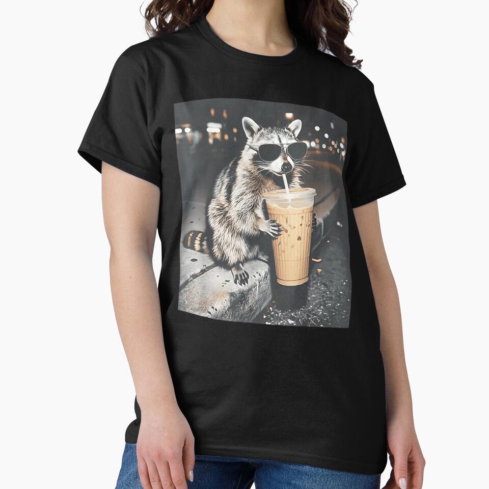 Cool Raccoon Drinking Iced Coffee Wearing Sunglasses Street Night T-Shirts, Hoodie, Sweatshirt