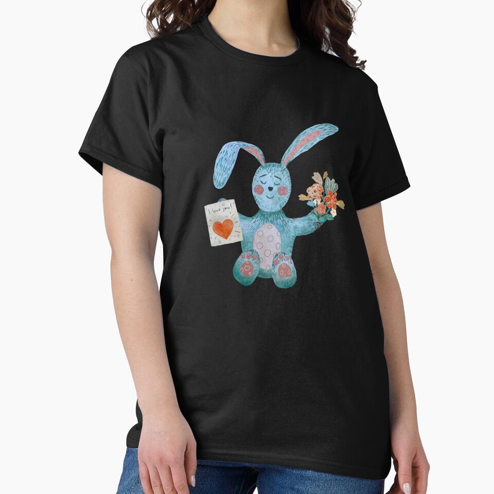 Rabbit blue flower bouquet flat texture watercolor black by Yana Mustafina | Boho Soulful Designs T-Shirts,... (Image 2)