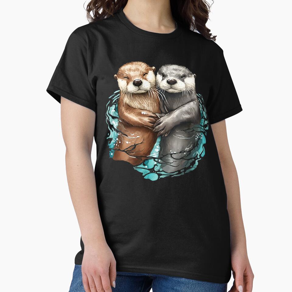 Adorable Sea Otter Couple Holding Hands Cute Floating Otters Watercolor Illustration by DrawHandArt T-Shirts,... (Image 2)