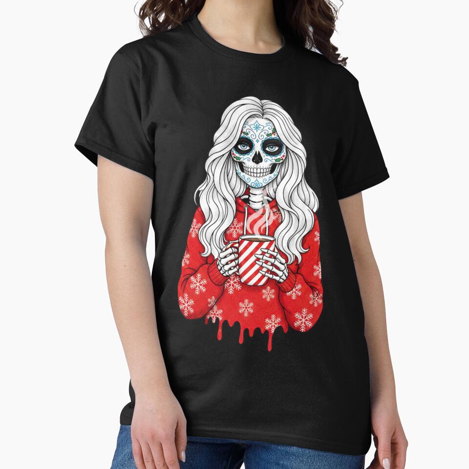 Skeleton Christmas Coffee Girl | Cute Gothic Winter Sugar Skull Art by ColorSplash123 T-Shirts, Hoodie, Sweatshirt (Image 2)