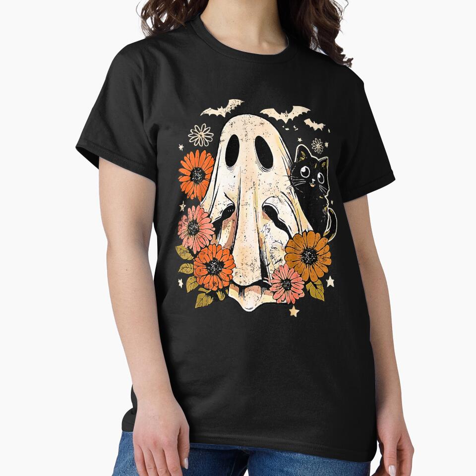 Vintage Halloween Ghost Holding Black Cat Groovy Floral by kawaiivsglitch T-Shirts, Hoodie, Sweatshirt (Image 2)