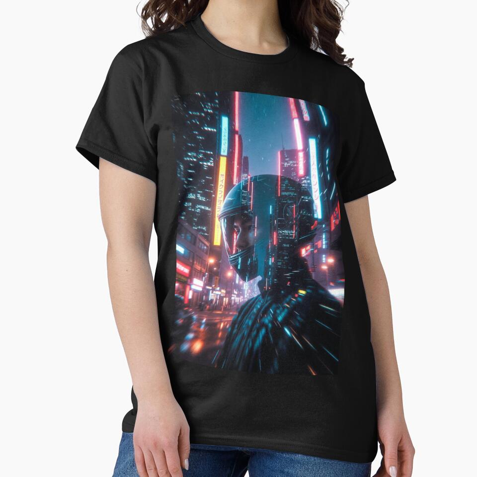 Cyberpunk Neon Rain Reflection – Futuristic Helmet in Blurred Tokyo Night by RadaQueen T-Shirts, Hoodie, Sweatshirt (Image 2)