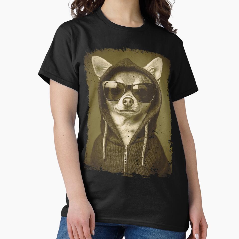 Funny pet T-shirts – Sepia Chihuahua in Hoodie and Sunglasses Vintage Grunge Style for Cool Dog Lovers and... (Image 2)