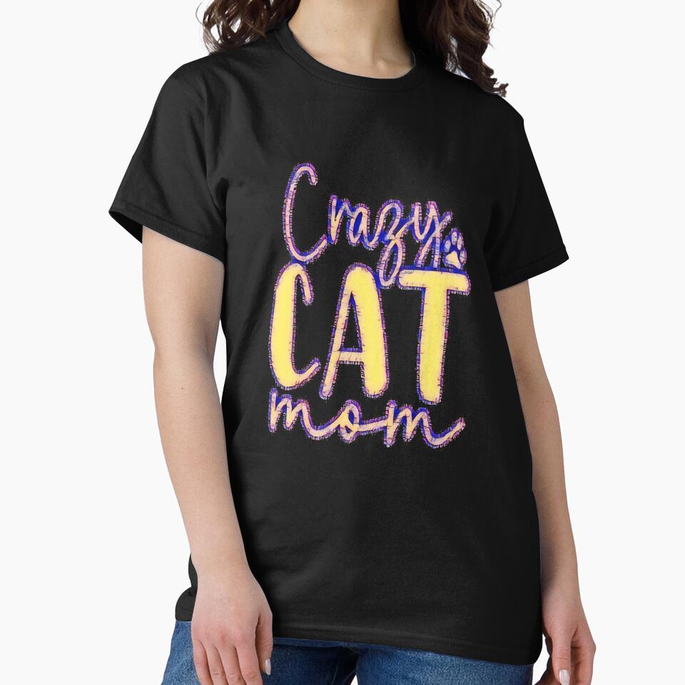 Crazy Cat Mom Glitch Art | Yellow & Purple Trippy Cat Lover by creativerooney T-Shirts, Hoodie, Sweatshirt (Image 2)