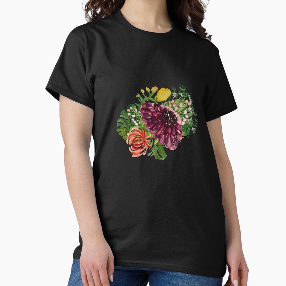 Dahlia palm leaf chrysanthemum cute a watercolor black by Yana Mustafina | Boho Soulful Designs T-Shirts,... (Image 2)