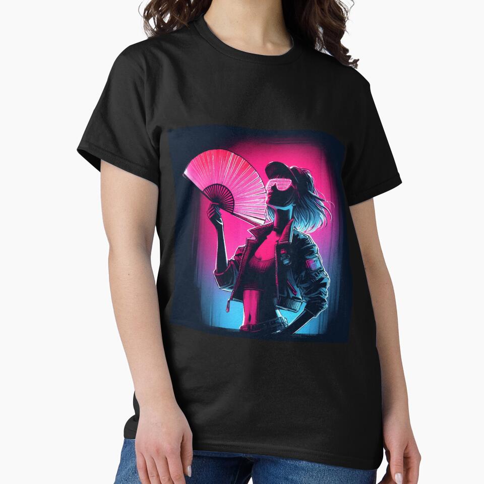 Cyberpunk Girl with a Fan Neon Synthwave by RESToRAPTOR T-Shirts, Hoodie, Sweatshirt | BlankRebels.com (Image 2)