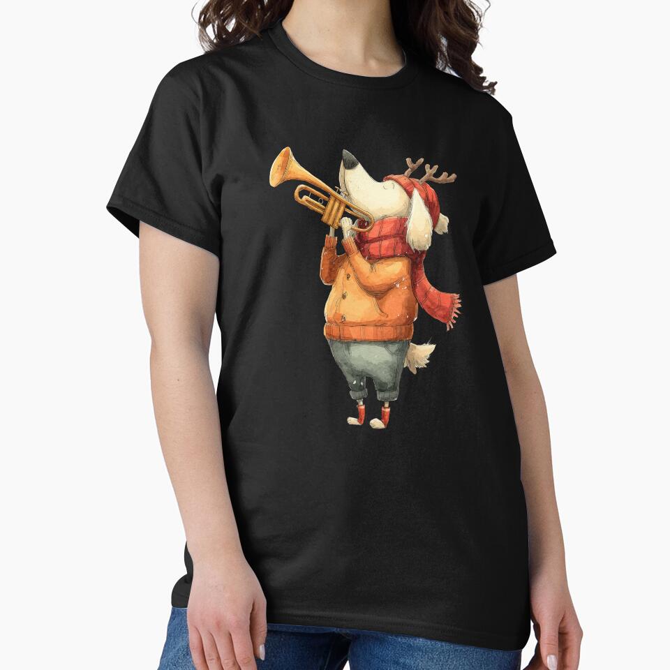 Festive Dog Trumpet Player — Cute Christmas Apparel & Gifts by VikArt7 T-Shirts, Hoodie, Sweatshirt (Image 2)