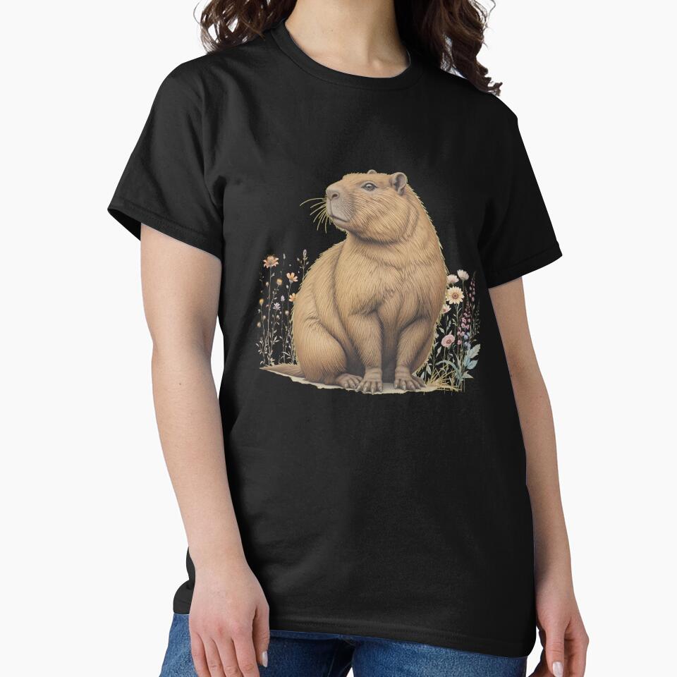 Botanical Capybara Illustration with Wildflowers – Natural History Wildlife Art by BloomStudio1 T-Shirts,... (Image 2)