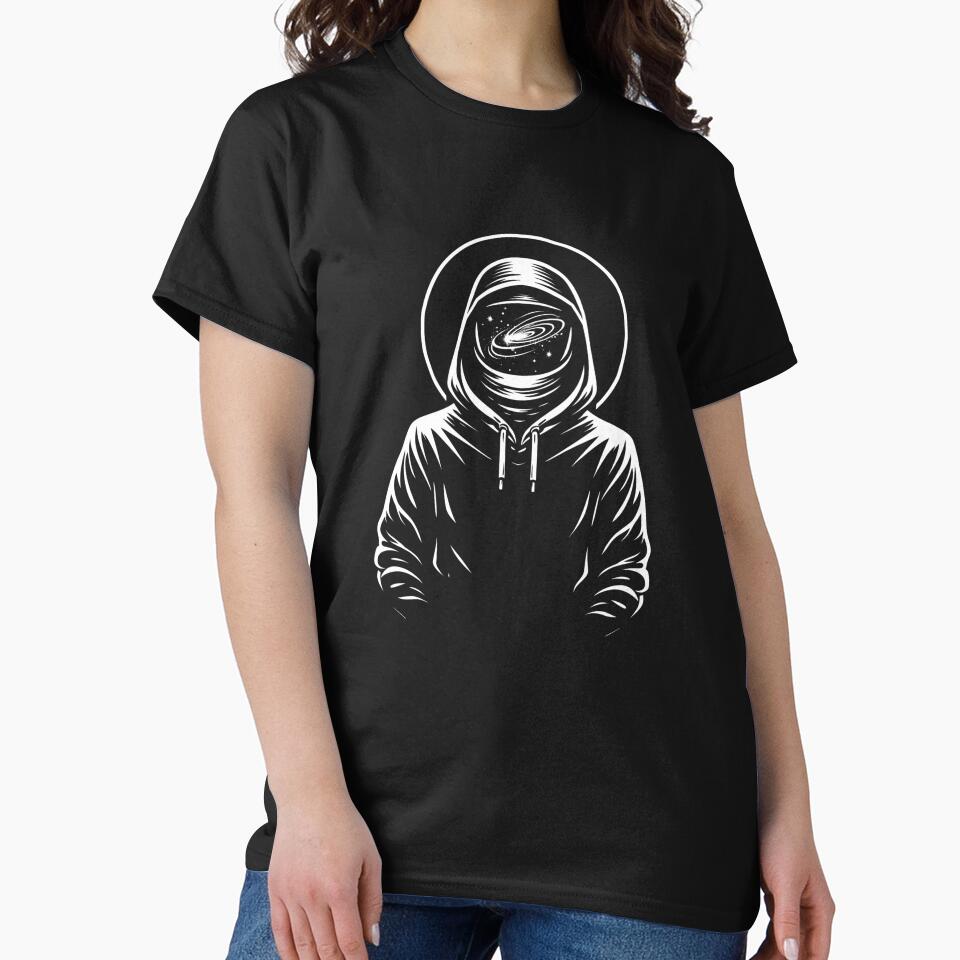 Faceless Universe – Hooded Figure with Galaxy Black and White Illustration by Darsel Art T-Shirts, Hoodie,... (Image 2)